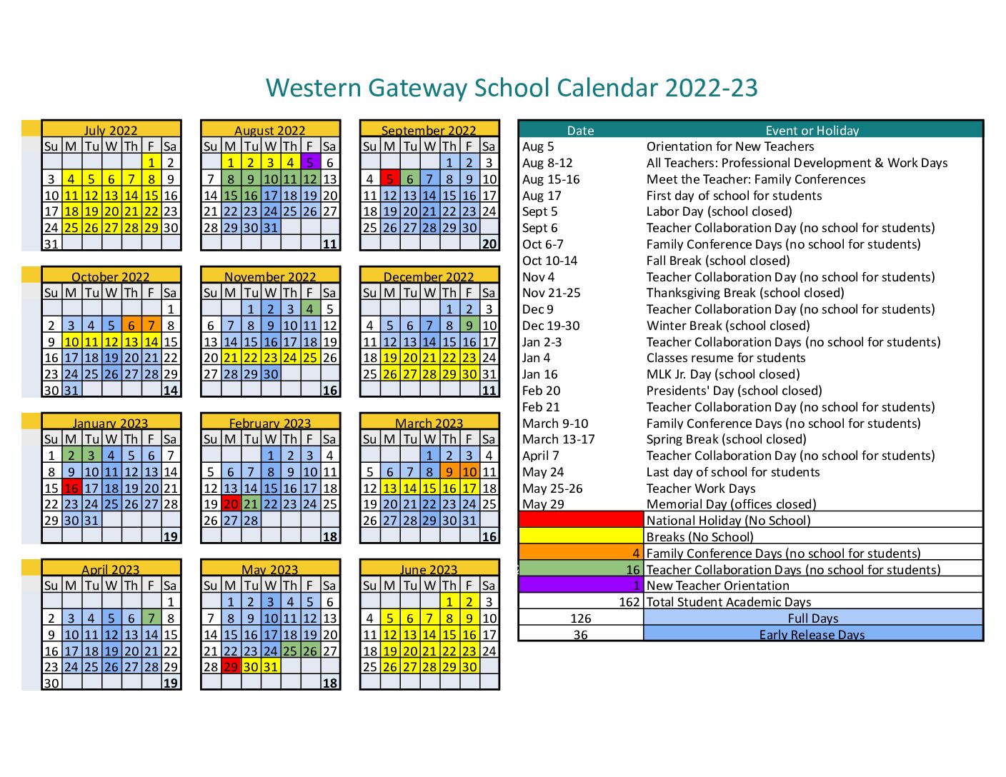 2021 - 2022 School Calendar